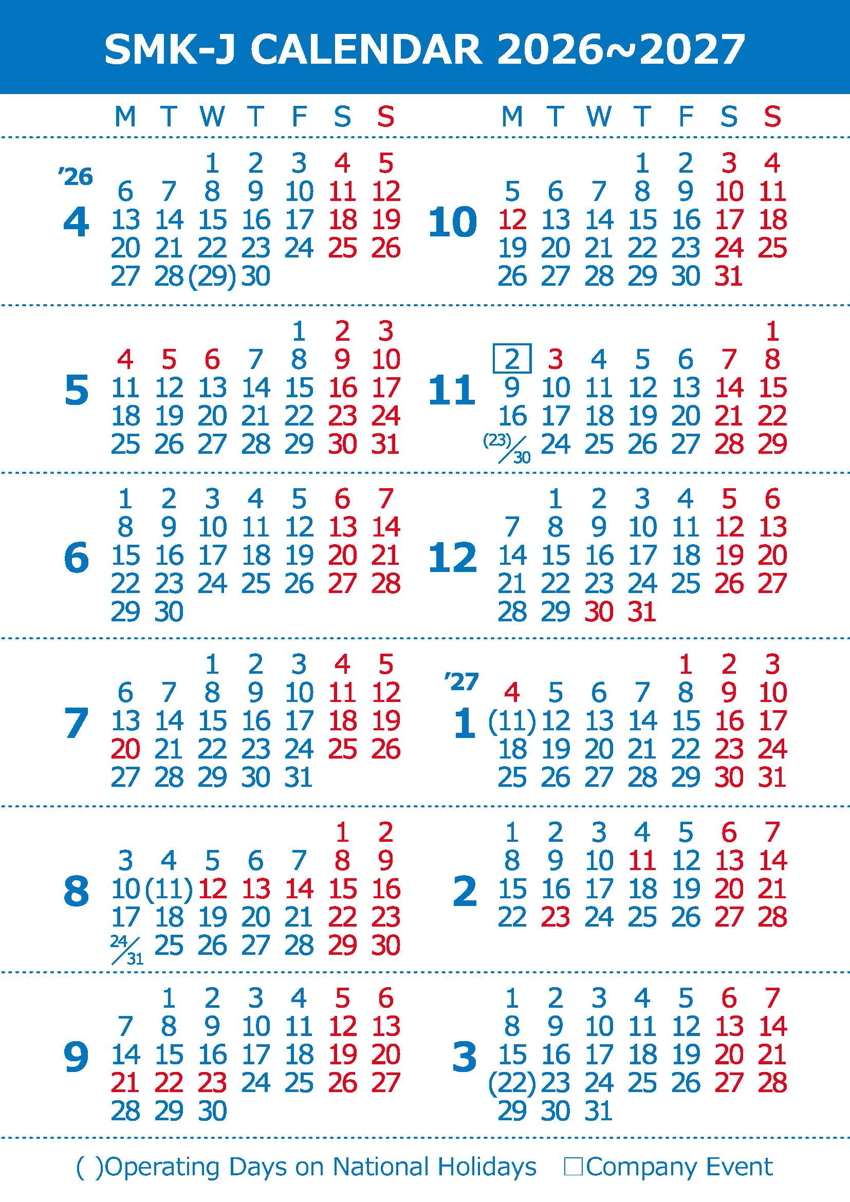 SMK-J Calendar 2026-2027